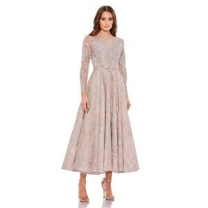Mac Duggal 20337 Beaded Embellished Bow Belt Long Sleeve Lace Maxi Dress Rose 14